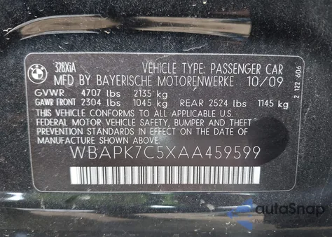 2010 BMW 328I xDrive из США, поврежденный, VIN WBAPK7C5XAA459599